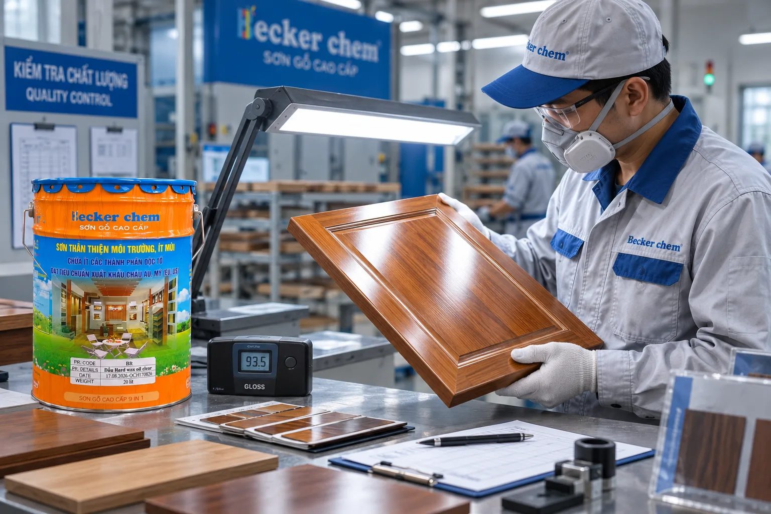kiểm tra QC bề mặt khi thử hệ sơn nội thất gỗ tại nhà máy