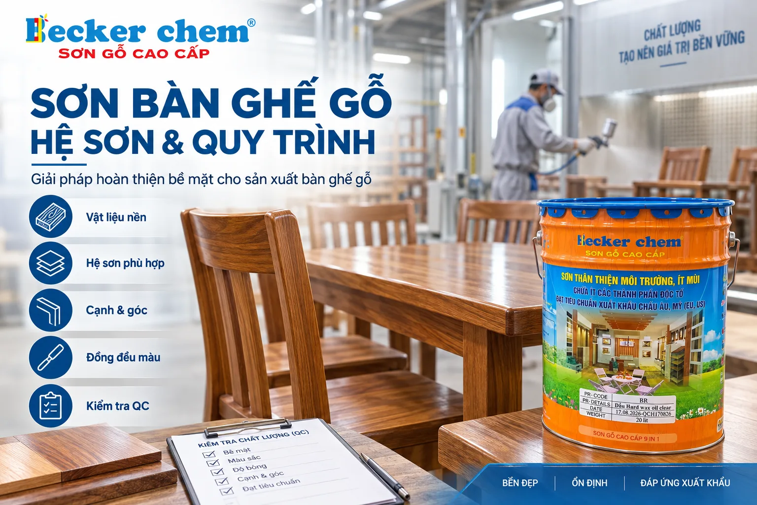 sơn bàn ghế gỗ trong quy trình hoàn thiện bề mặt tại nhà máy