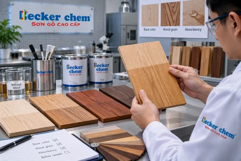 sơn gỗ cho gỗ tự nhiên kiểm tra màu nền vân và độ hút trước khi làm mẫu