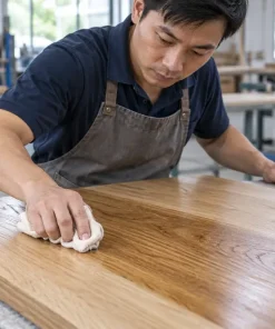 Kỹ thuật viên thi công dầu lau gỗ bằng khăn trên bề mặt gỗ tự nhiên