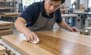 Kỹ thuật viên thi công dầu lau gỗ bằng khăn trên bề mặt gỗ tự nhiên