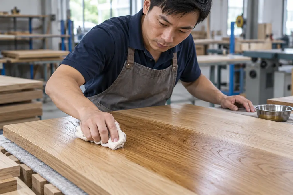 Kỹ thuật viên thi công dầu lau gỗ bằng khăn trên bề mặt gỗ tự nhiên