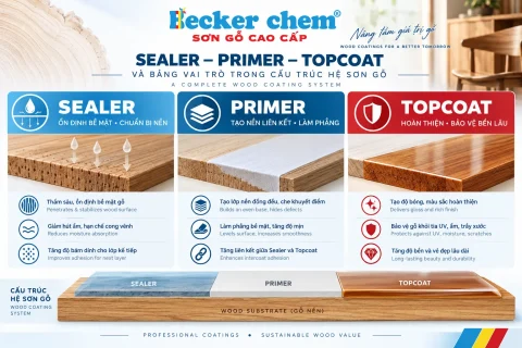 Sealer Primer Topcoat và bảng vai trò trong cấu trúc hệ sơn gỗ