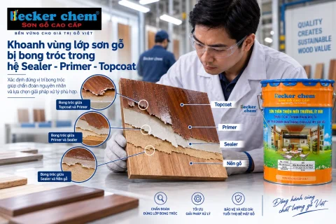khoanh vùng lớp sơn gỗ bị bong tróc trong hệ sealer primer topcoat