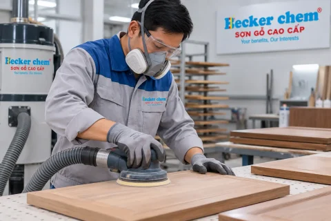 xử lý bề mặt trong quy trình sơn gỗ bằng chà nhám và làm sạch bụi