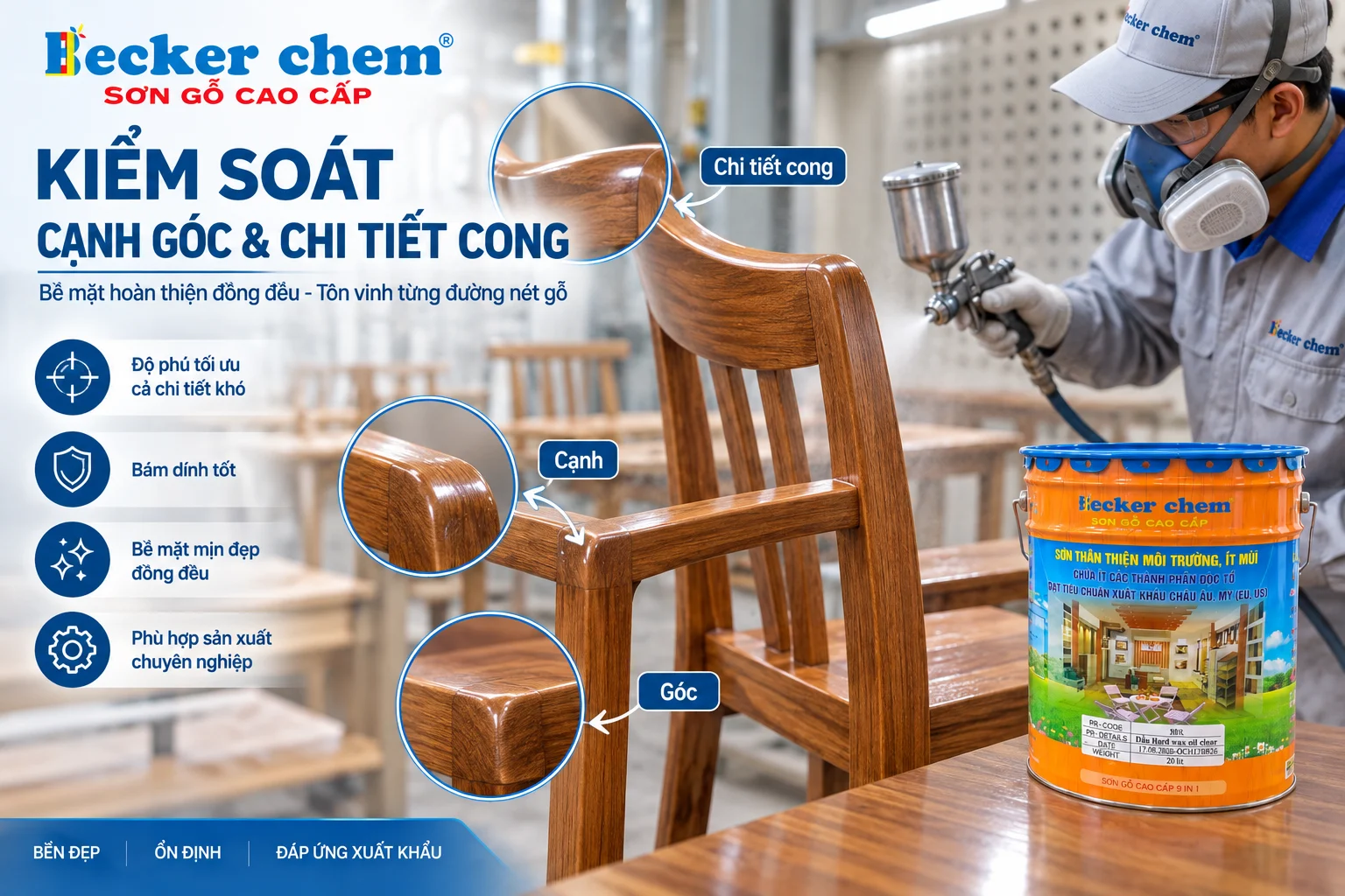 kiểm soát cạnh góc và chi tiết cong khi sơn bàn ghế gỗ