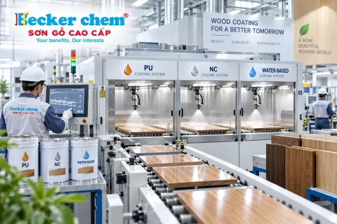 dây chuyền phun sơn gỗ công nghiệp PU NC trong nhà máy nội thất