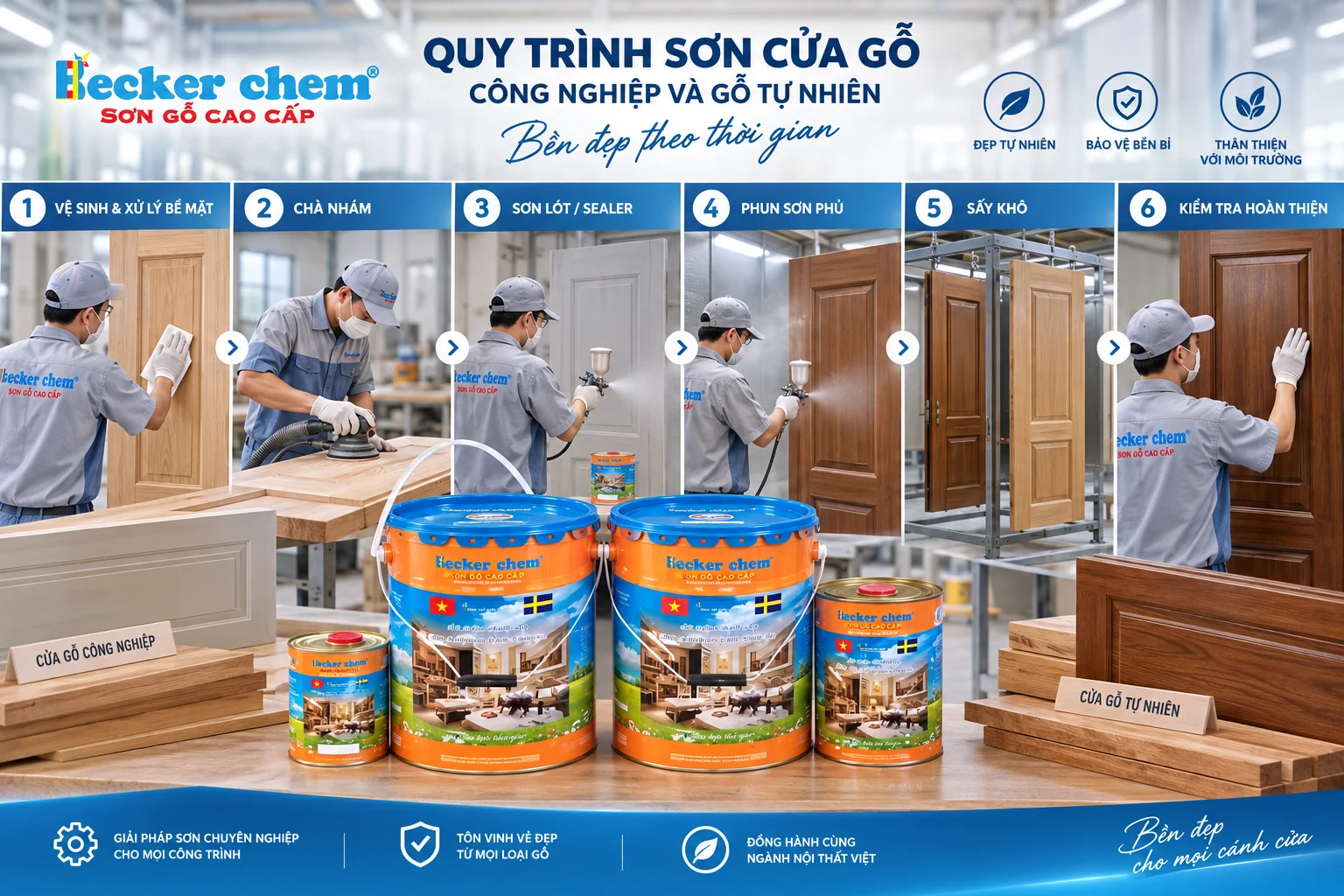 quy trình sơn cửa gỗ từ xử lý nền đến sơn phủ và QC