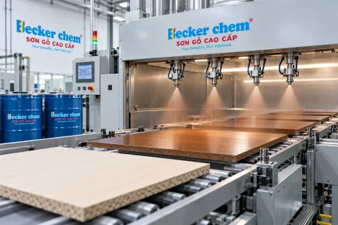 thi công lớp màu trong quy trình sơn gỗ công nghiệp trên dây chuyền phun