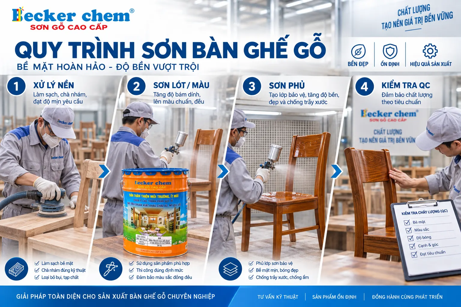 quy trình sơn bàn ghế gỗ từ xử lý nền đến lớp phủ và kiểm tra QC
