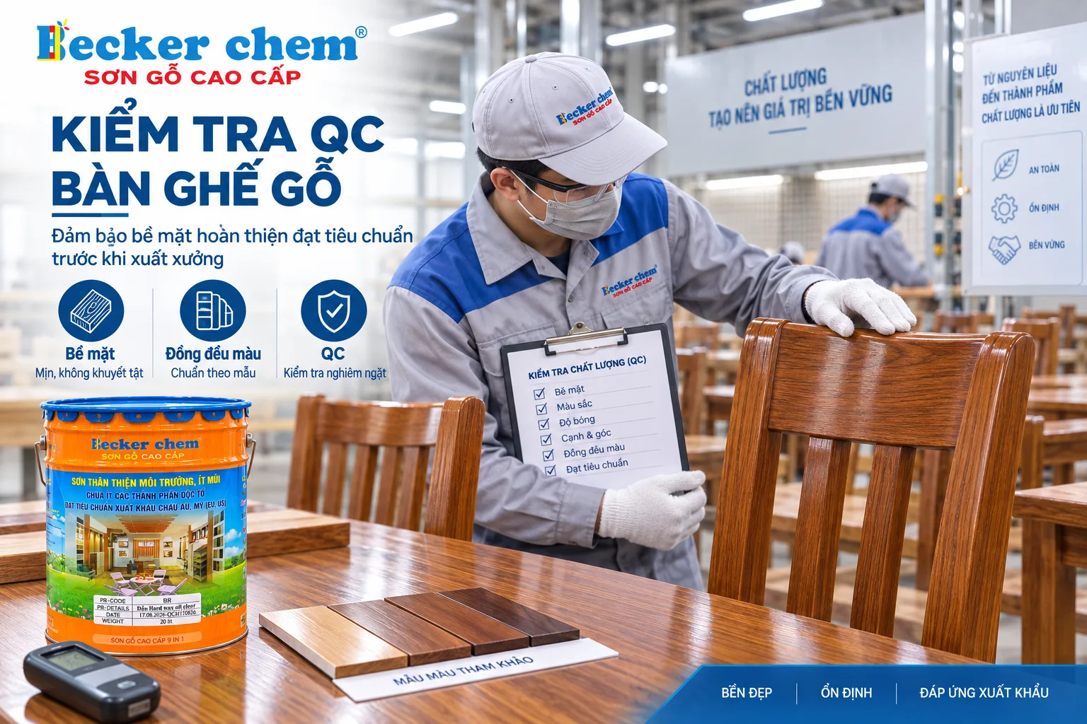kiểm tra QC bề mặt và độ đồng đều khi sơn bàn ghế gỗ