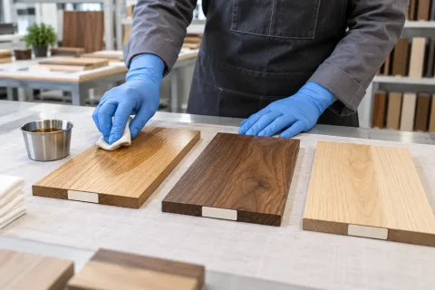 thử dầu lau gỗ và dầu màu gỗ trên mẫu gỗ thật trước khi sản xuất