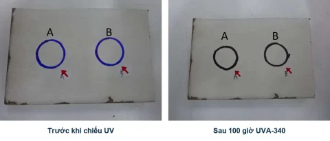 Tấm màu sơn NC Becker Chem trước và sau 100 giờ chiếu UVA-340 tại Bureau Veritas, ΔE 1,16 và 0,9