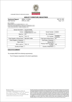 Báo cáo thử nghiệm Bureau Veritas số 9620-113-0350 – chống ngả vàng UV theo yêu cầu Ashley Furniture (ΔE ≤ 2,5) – sơn NC Becker Chem