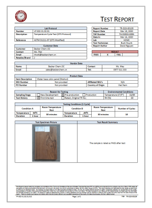 Báo cáo thử nghiệm Outlook Technical Services số TR-D20-00109 – chu kỳ nhiệt độ ASTM D1211-97 – tấm màu hệ nước vân gỗ óc chó Becker Chem