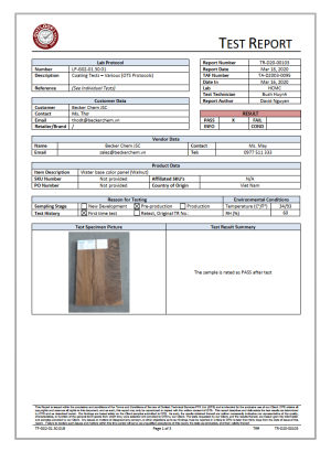 Báo cáo thử nghiệm Outlook Technical Services số TR-D20-00103 – thử nghiệm lớp phủ – tấm màu hệ nước vân gỗ óc chó Becker Chem