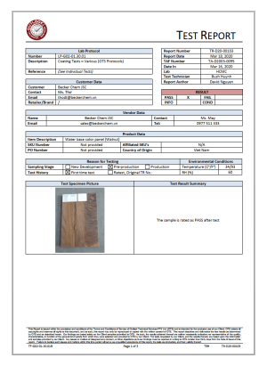 Báo cáo thử nghiệm Outlook Technical Services số TR-D20-00103 – thử nghiệm lớp phủ – tấm màu hệ nước vân gỗ óc chó Becker Chem