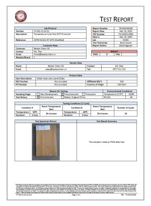 Báo cáo thử nghiệm Outlook Technical Services số TR-D20-00108 – chu kỳ nhiệt độ ASTM D1211-97 – tấm màu hệ nước vân gỗ sồi Becker Chem
