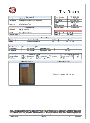 Báo cáo thử nghiệm Outlook Technical Services số TR-D20-00102 – thử nghiệm lớp phủ – tấm màu hệ nước vân gỗ sồi Becker Chem