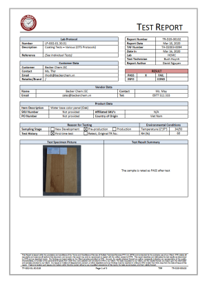 Báo cáo thử nghiệm Outlook Technical Services số TR-D20-00102 – thử nghiệm lớp phủ – tấm màu hệ nước vân gỗ sồi Becker Chem