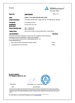 Báo cáo thử nghiệm TÜV Rheinland số 248145440 – an toàn tiếp xúc thực phẩm §31 LFGB – Oil Clear B18 Top Coat Becker Chem