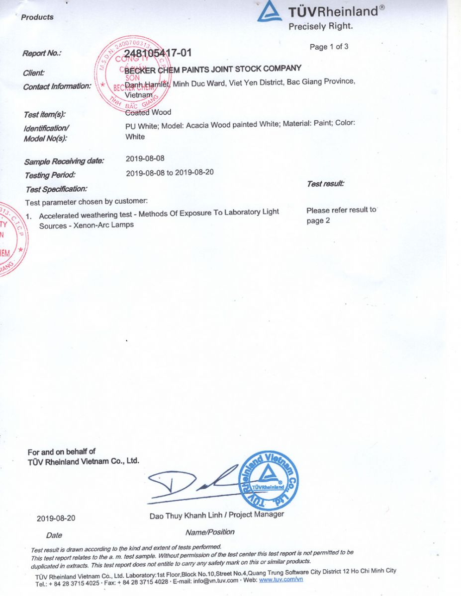 Báo cáo thử nghiệm TÜV Rheinland sơn PU trắng – trang 1